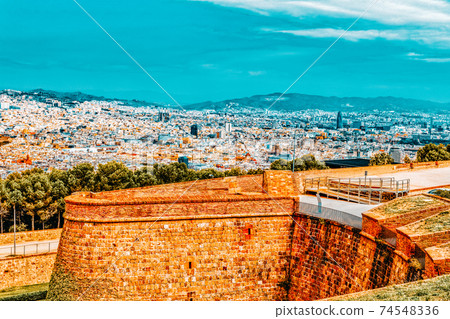Panorama on Barcelona city from Montjuic castle.Catalonia. Spain. 74548336