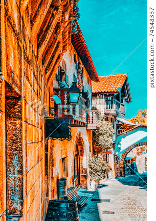 Typical landscapes and authentic Catalan cozy streets in cities of Spain.Catalonia. Typical landscapes and authentic Catalan cozy streets in cities of Spain.Catalonia. 74548337