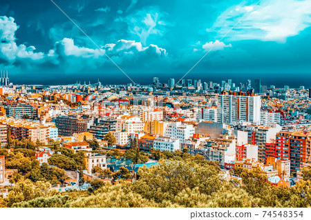 Panorama on Barcelona city from Montjuic castle.Catalonia. Spain. 74548354