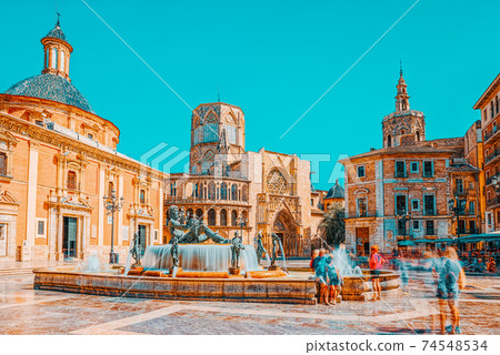 Valencia Fountain Rio Turia on Square of the Virgin Saint Mary, 74548534