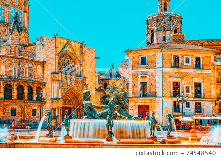 Valencia Fountain Rio Turia on Square of the Virgin Saint Mary, Valencia Fountain Rio Turia on Square of the Virgin Saint Mary, 74548540