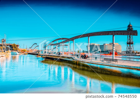 Panorama on Barcelona Seaport and Maremagnum Mobile Bridge (Puen Panorama on Barcelona Seaport and Maremagnum Mobile Bridge (Puen 74548550