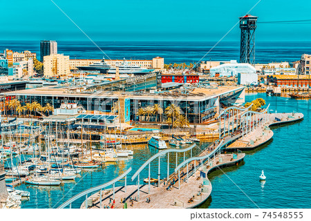 Panorama on Barcelona Seaport and Maremagnum Mobile Bridge (Puen Panorama on Barcelona Seaport and Maremagnum Mobile Bridge (Puen 74548555
