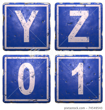 Set of public road sign in blue color with a capital white letters Y, Z and number 0, 1 in the center isolated of white background. 3d Set of public road sign in blue color with a capital white letters Y, Z and number 0, 1 in the center isolated of white background. 3d 74549543