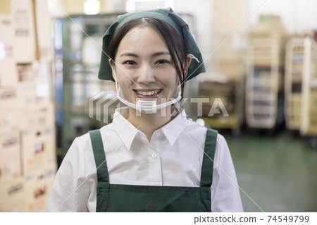 A female employee looking at the camera with a mouse shield in the backyard of a supermarket 74549799