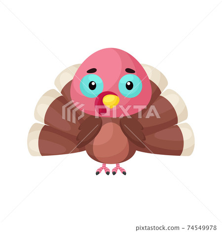 Cute little turkey on white background. Cartoon animal character for kids cards, baby shower, birthday invitation, house interior. Bright colored childish vector illustration in cartoon style. 74549978