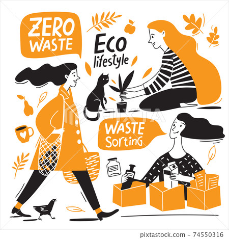 Eco lifestyle motivational vector design with zero waste doodle elements and lettering Eco lifestyle motivational vector design with zero waste doodle elements and lettering 74550316