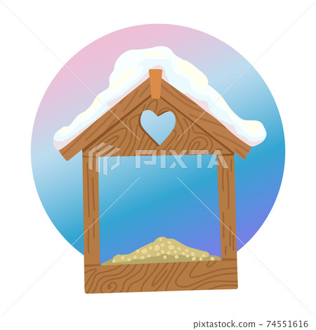 Bird house, nesting box. Wooden bird house with food and snow on the roof. Tree house in the forest. Vector illustration 74551616