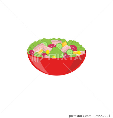 Fresh green salad with ham and salami in red bowl - healthy food Fresh green salad with ham and salami in red bowl - healthy food 74552291