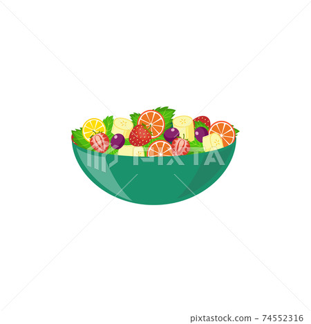 Bowl fruit salad of sliced fruits and berries flat vector illustration isolated. Bowl fruit salad of sliced fruits and berries flat vector illustration isolated. 74552316