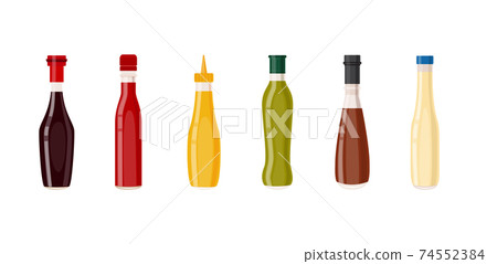 Collection bottles of hot spicy sauces flat vector illustration isolated. 74552384