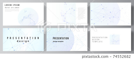 Vector layout of presentation slides design business templates, multipurpose template for presentation brochure, brochure cover, report. Blue medical background with connecting lines and dots, plexus. 74552682