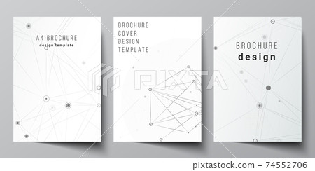 Vector layout of A4 cover mockups templates for brochure, flyer layout, booklet, cover design, book design, brochure cover. Gray technology background with connecting lines and dots. Network concept. 74552706