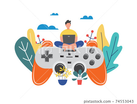 Esportsman or gamer on joystick for game console, flat vector illustration. 74553043