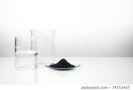 Cosmetic chemicals ingredient on white laboratory table. Potassium Permanganate, Alcohol. 74553487
