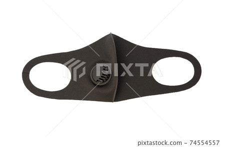 black textile protective mask with plastic face valve isolated on white background 74554557