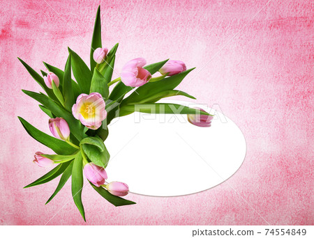 Pink tulip flowers in a floral arrangement with wooden frame and a card on watercolor background 74554849