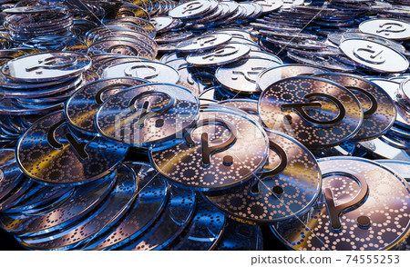 Cryptocurrency Polka DOT golden coins spilling on the table. Cryptocurrency Polka DOT golden coins spilling on the table. 74555253