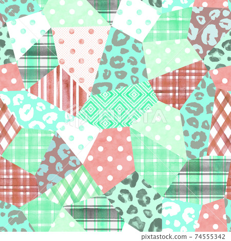 Trendy imitation sewn pieces of fabric in patchwork style. Watercolour hand drawn modern collage Trendy imitation sewn pieces of fabric in patchwork style. Watercolour hand drawn modern collage 74555342