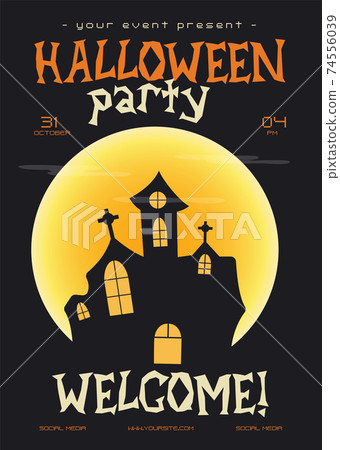 Halloween party flyer. Trending autumn holiday banner poster with castle and moon. Stock vector banner illustration 74556039