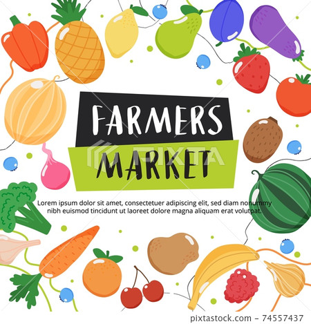 Farmers market background with fruits and vegetables and hand drawn lettering 74557437