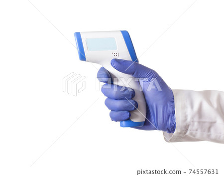 Doctor's hand in a medical glove holds an infrared thermometer on a white background, isolate. The concept of increasing body temperature in case of diseases Doctor's hand in a medical glove holds an infrared thermometer on a white background, isolate. The concept of increasing body temperature in case of diseases 74557631