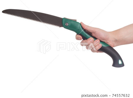 Man holding a lopper saw in hand on a white background, close-up, isolate Man holding a lopper saw in hand on a white background, close-up, isolate 74557632