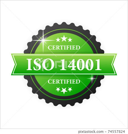 ISO certified 14001 green rubber stamp with green rubber on white background. Realistic object. Vector illustration. 74557824