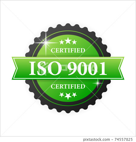 ISO certified 9001 green rubber stamp with green rubber on white background. Realistic object. Vector illustration. 74557825