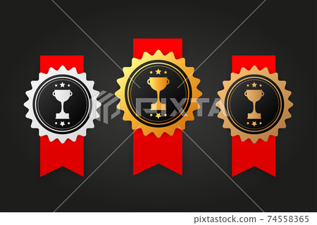 Three rewards winner silver, gold and bronze rubber badge with red ribbon on white background. Realistic object. Vector illustration. 74558365