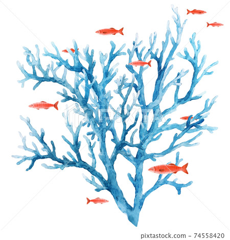 Beautiful underwater composition with watercolor sea life blue coral. Stock illustration. 74558420