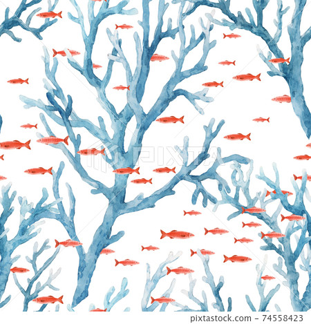 Beautiful seamless underwater pattern with watercolor sea life blue corals and red fish. Stock illustration. 74558423