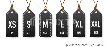 Collection of clothing size labels isolated on white background. Vector illustration. 74558425