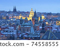 Prague - Spires of the Old town and illuminated National museum. 74558555