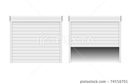 Vector of realistic door with rolling shutters on white background. Open and closed. Vector illustration. Vector of realistic door with rolling shutters on white background. Open and closed. Vector illustration. 74558701