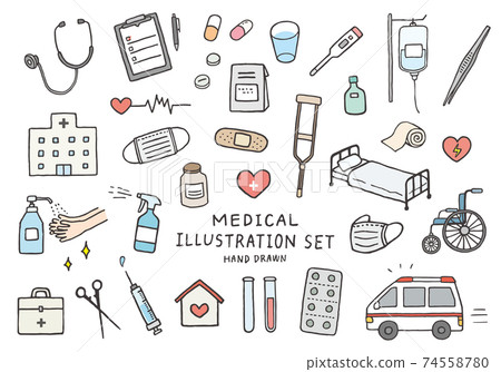 Hand-drawn illustration set (color) related to medical care 74558780