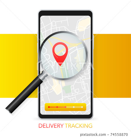 Geo map and zoom lens. Delivery tracking. City map on color background. Mobile app. Vector illustration Geo map and zoom lens. Delivery tracking. City map on color background. Mobile app. Vector illustration 74558870