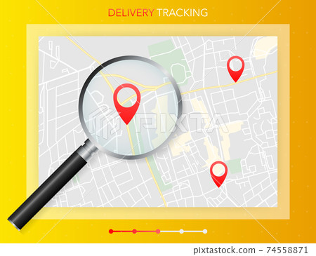 Geo map and zoom lens. Delivery tracking. City map on color background. Vector illustration. 74558871