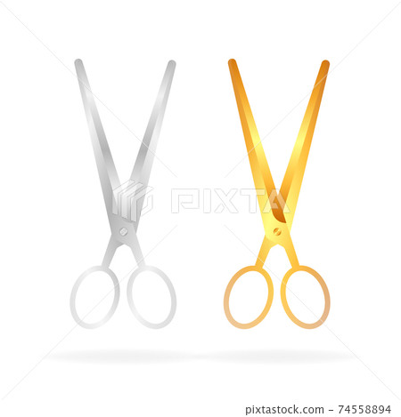 Paper art ribbon with gold and silver realistic scissors on white background. 3d vector. 74558894