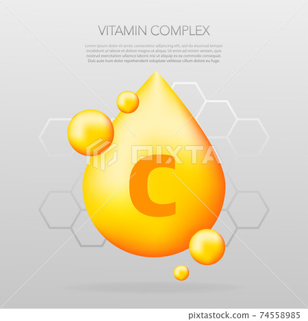 Vitamin C shining pill capcule icon. Shining golden substance drop. Meds ads. Beauty treatment nutrition skin care design. Vector illustration Vitamin C shining pill capcule icon. Shining golden substance drop. Meds ads. Beauty treatment nutrition skin care design. Vector illustration 74558985