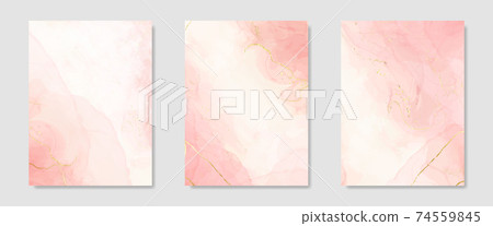 Collection of abstract pink liquid watercolor background with golden crackers. Pastel marble alcohol ink drawing effect. Vector illustration design template for wedding invitation Collection of abstract pink liquid watercolor background with golden crackers. Pastel marble alcohol ink drawing effect. Vector illustration design template for wedding invitation 74559845
