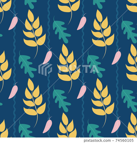 Leaves for children. Vector. Leaves seamless pattern. Soft pastel leaves in a contemporary style. On a blue background with wavy stripes. 74560105
