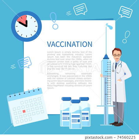 Blue Poster or banner Vaccination campaign. Doctor holding large syringe 74560225