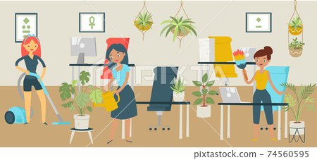 Group character office cleaning services, woman wash business workspace, concept banner tidying up cartoon vector illustration. Group character office cleaning services, woman wash business workspace, concept banner tidying up cartoon vector illustration. 74560595