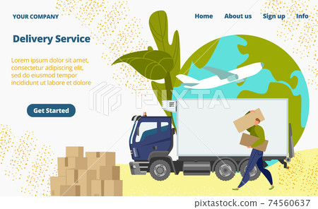 Delivery service, male character loader concept landing page, lorry vehicle cartoon vector illustration. Website online banner, business order delivery. Delivery service, male character loader concept landing page, lorry vehicle cartoon vector illustration. Website online banner, business order delivery. 74560637