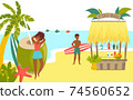 African character rest tropical beach, surfing sport vacation, woman pose coconut man hold surfboard cartoon vector illustration. 74560652