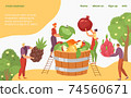 Harvest tropical organic natural fruit, tiny character farmer worker concept landing page, cartoon vector illustration. Website online banner. 74560671