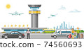 International airport banner, character traveler family order taxi car flat vector illustration. Tourist people carry baggage, travel around world. 74560693