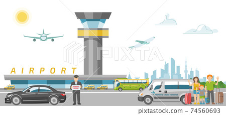 International airport banner, character traveler family order taxi car flat vector illustration. Tourist people carry baggage, travel around world. 74560693