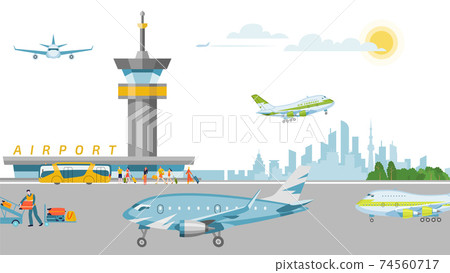 Concept airport banner, work airstrip airfield and terminal flat vector illustration. Take off, landing passenger plane, international airport. 74560717
